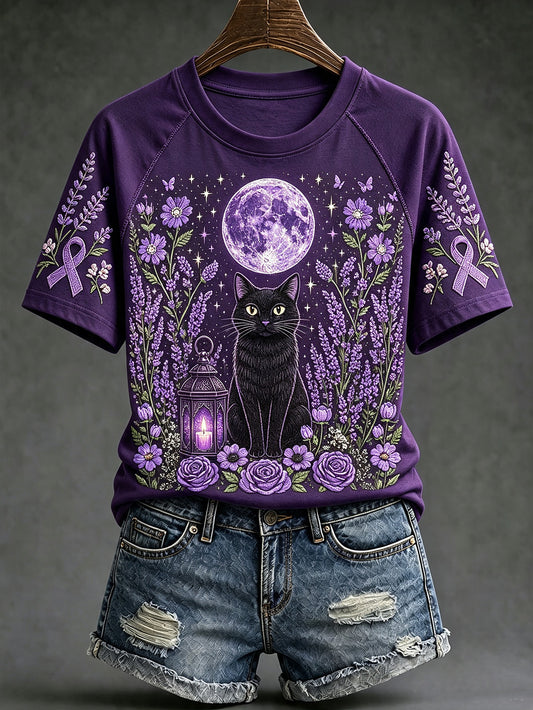 Women's purple floral and cat pattern printed casual short-sleeve T-shirt