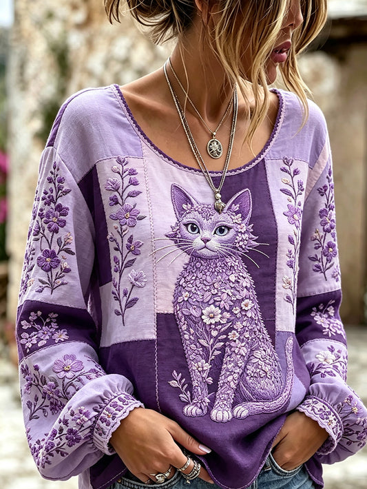 Women's purple floral and cat pattern printed casual cotton-linen shirt