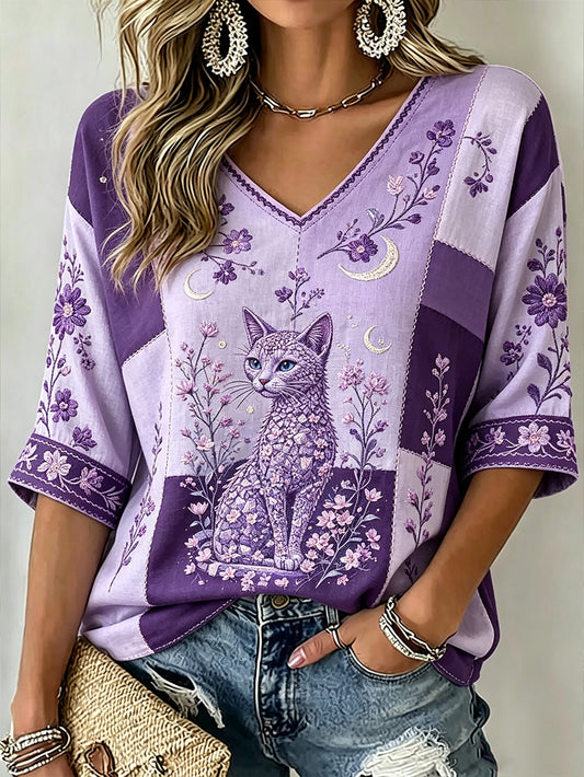 Women's purple floral and cat pattern printed casual shirt
