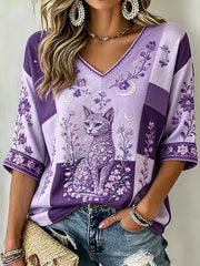 Women's purple floral and cat pattern printed casual shirt