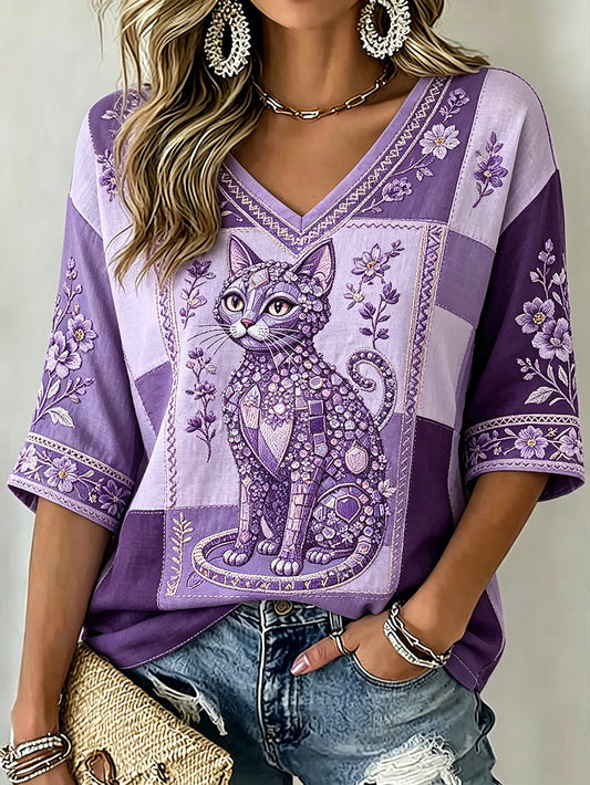 Women's purple floral and cat pattern printed casual shirt