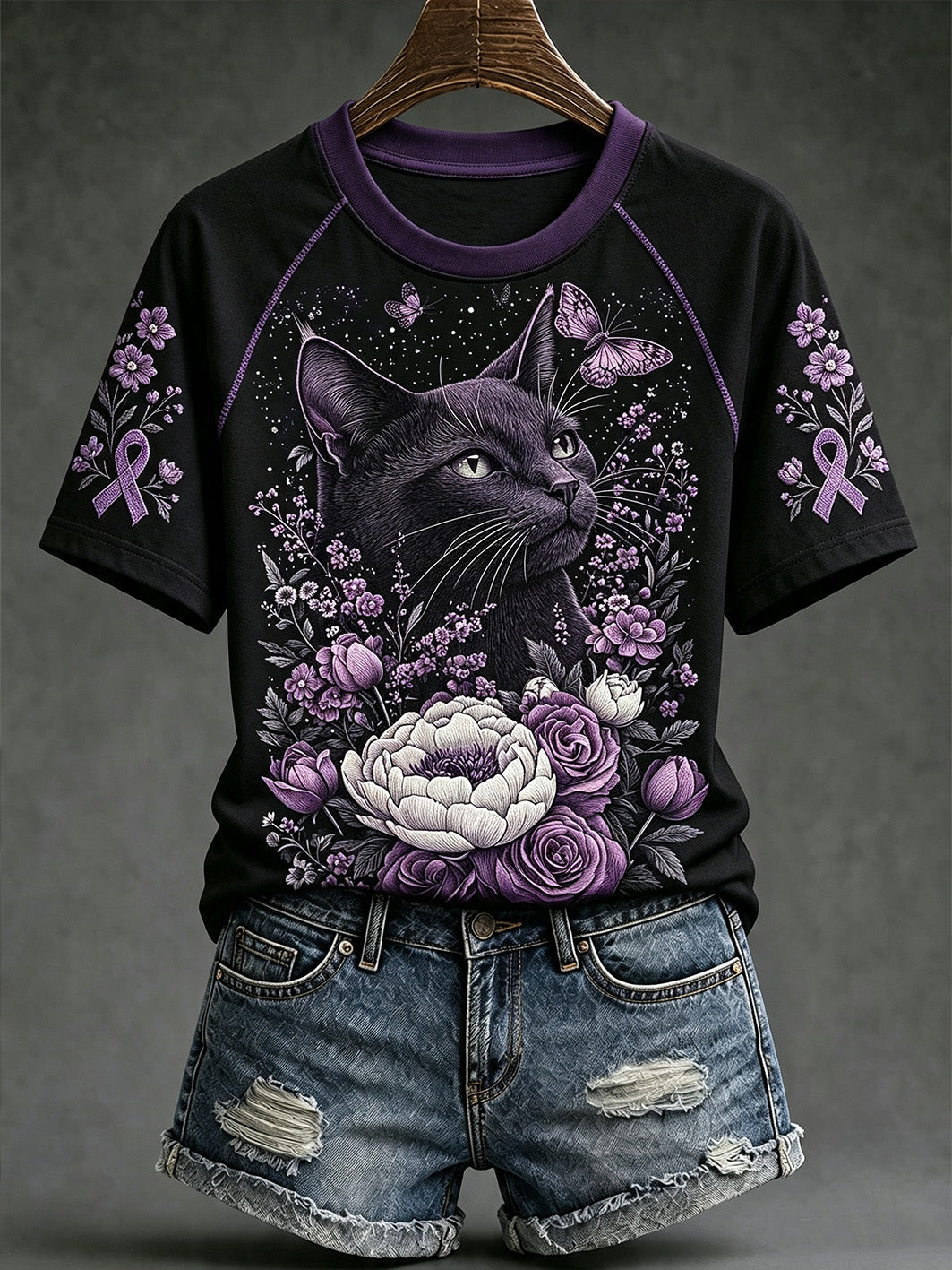 Women's purple floral and cat pattern printed casual short-sleeve T-shirt