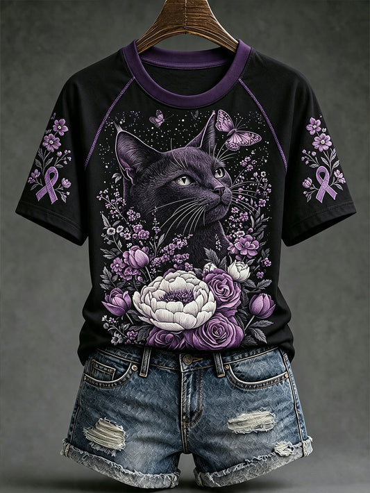 Women's purple floral and cat pattern printed casual short-sleeve T-shirt