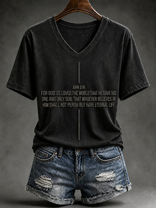 Women's Christian John 3:16 For God So Loved The World Cross Short Sleeve V-neck T-shirt