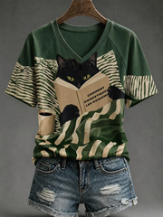 Women's Cute cat print V-neck off-shoulder short-sleeved T-shirt