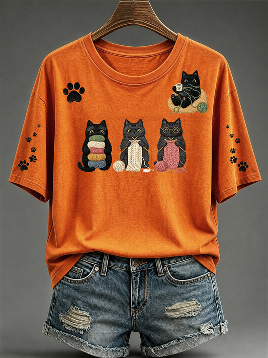 Women's Cute cat print short-sleeved T-shirt