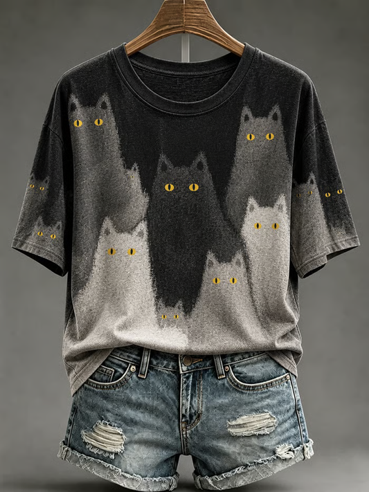 Women's Cute cat print short-sleeved T-shirt