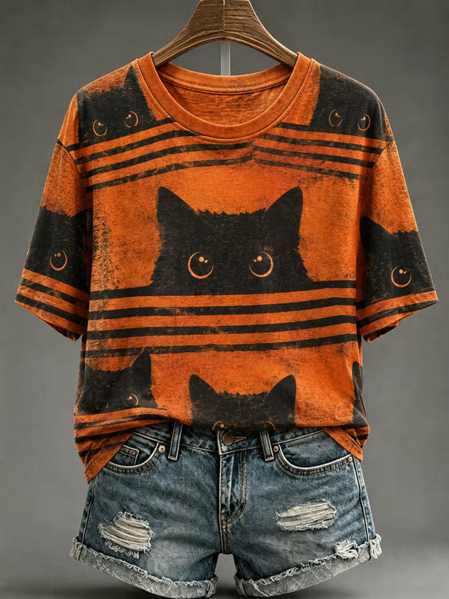Women's Cute cat print short-sleeved T-shirt