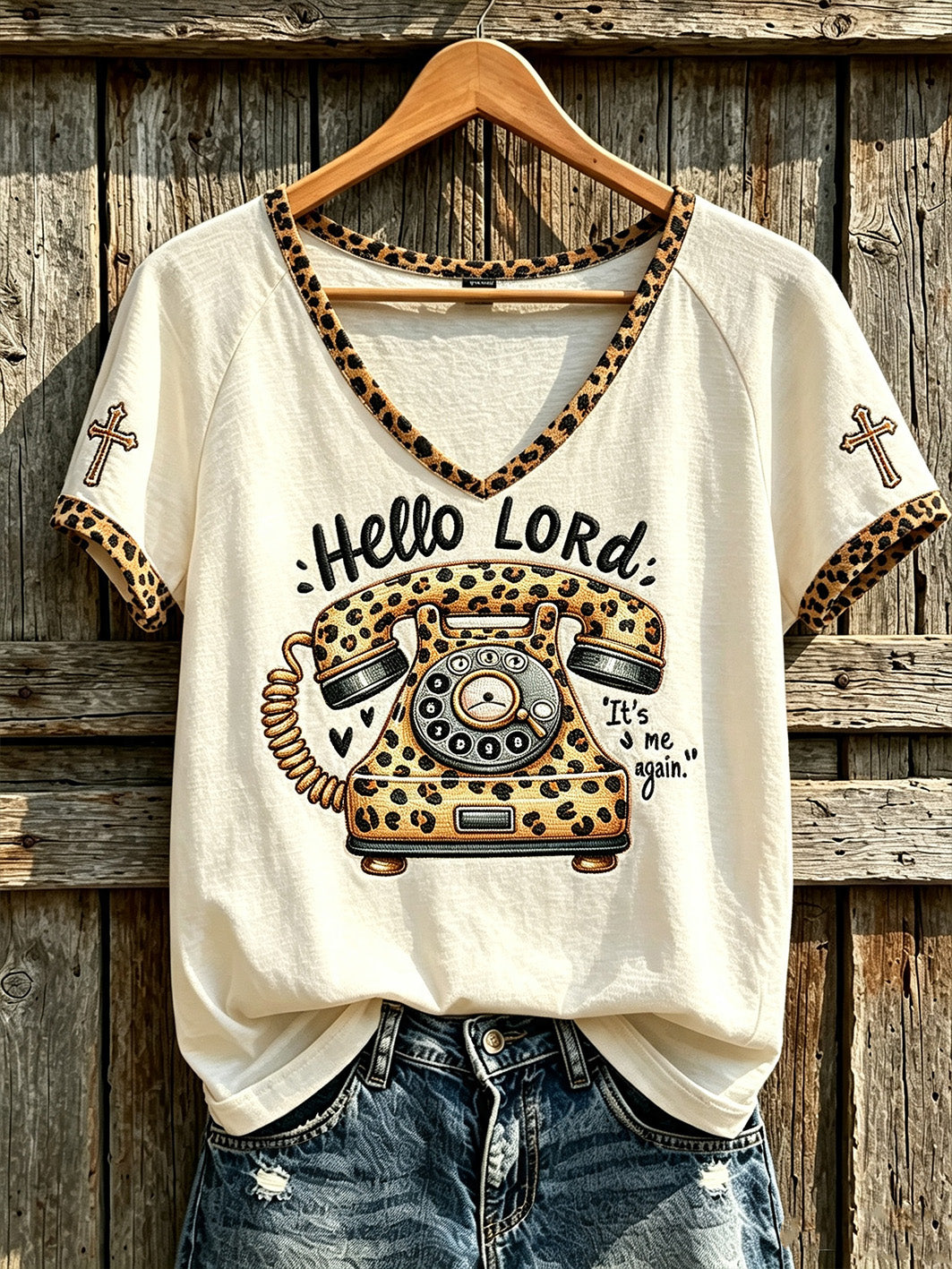 Women's Faith Slogan Leopard Print Pattern Printed Casual V Neck T-shirt