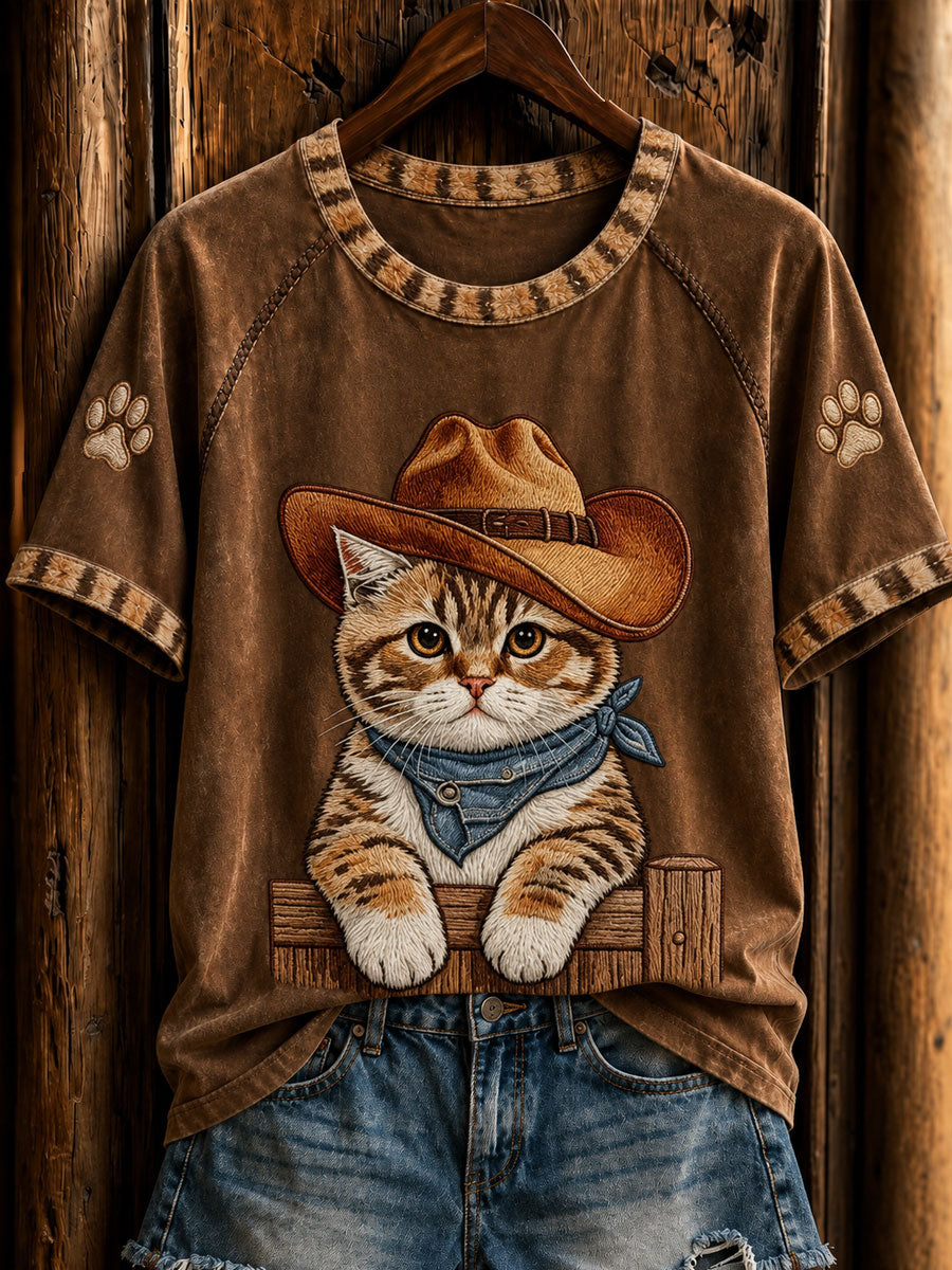 Women's Retro Western Cowboy Cat Short Sleeve T-shirt