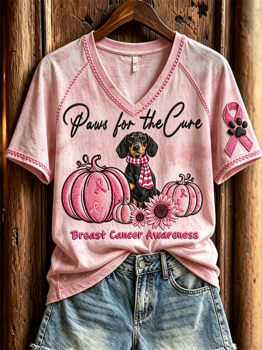 Women's Paws for the Cure Breast Cancer Awareness Dachshund Dog & Pink Pumpkins Print short-sleeved T-shirt