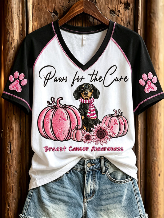 Women's Paws for the Cure Breast Cancer Awareness Dachshund Dog & Pink Pumpkins Print short-sleeved T-shirt