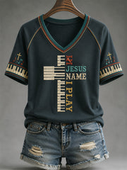 Women's In Jesus Name I Play Print Casual V-Neck Tee