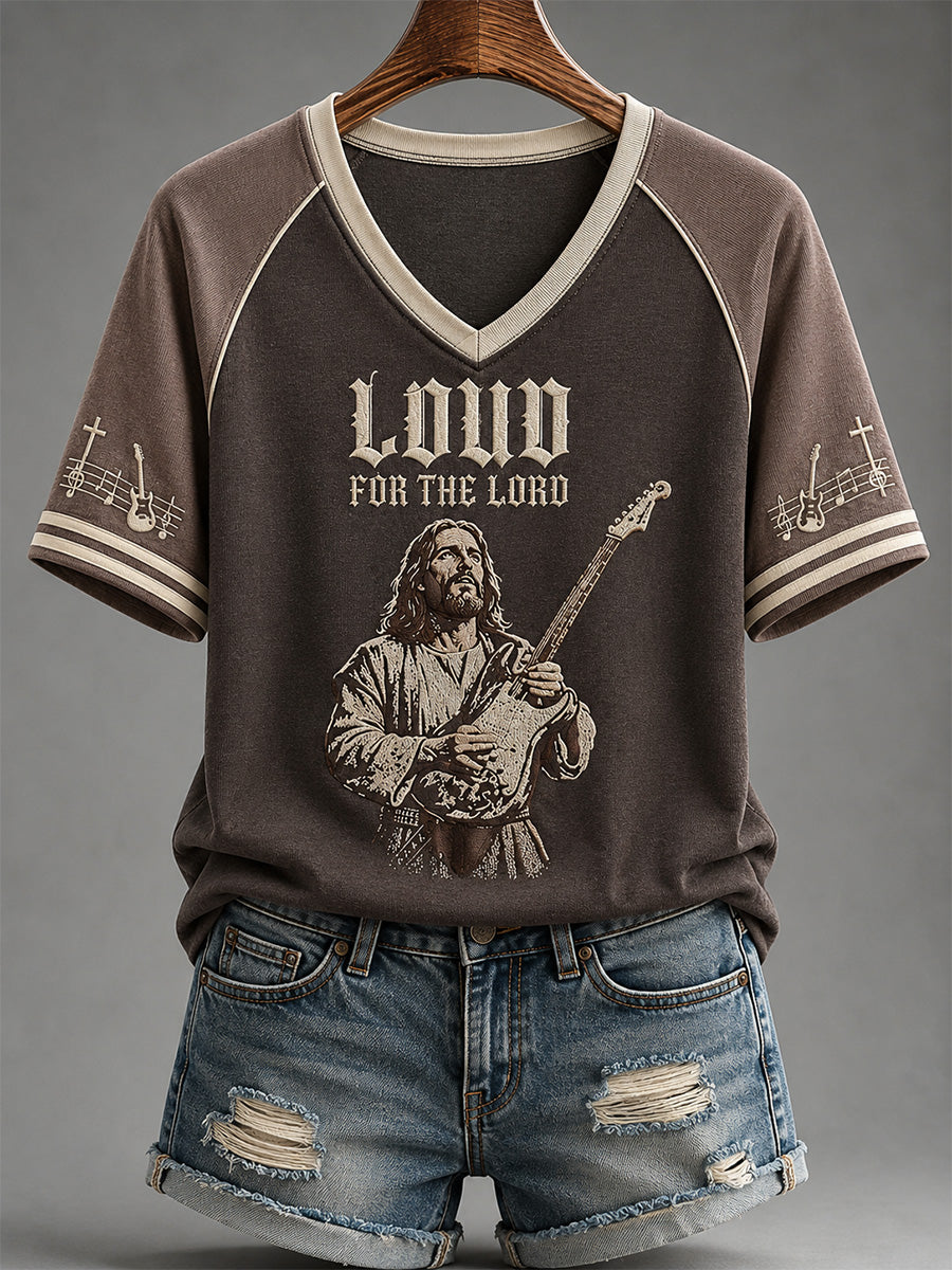 Women's In Jesus Name I Play Print Casual V-Neck Tee