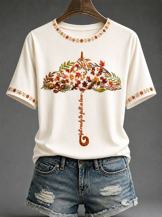 Women's "Autumn Under the Umbrella" Print Casual T-Shirt