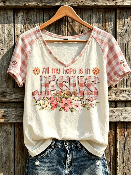 Women's Faith Theme Print Pattern Printed Leisure V-neck Short-Sleeved T-shirt