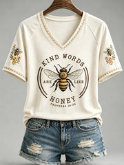Women's Christian Kind Words Are Like Honey Print Casual V-Neck Tee