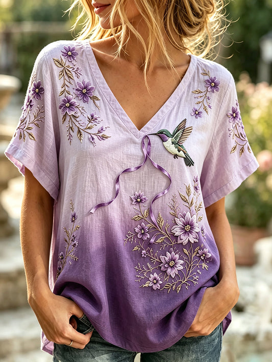 Women's Classy Hummingbird Floral Print Linen Short-sleeved T-shirt