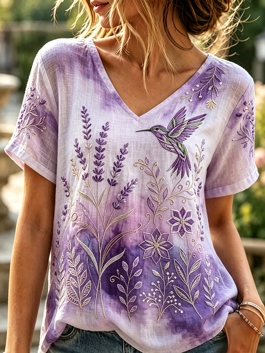 Women's Elegant Hummingbird Floral Print Linen Short-sleeved T-shirt