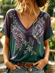 Women's Vintage Hummingbird Floral Print Linen Short-sleeved T-shirt
