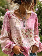 Women's Pink Floral Patchwork Art Cotton Linen Shirt