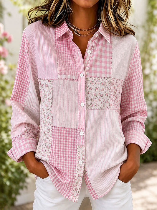 Women's Pink Floral Patchwork Art Cotton Linen Shirt