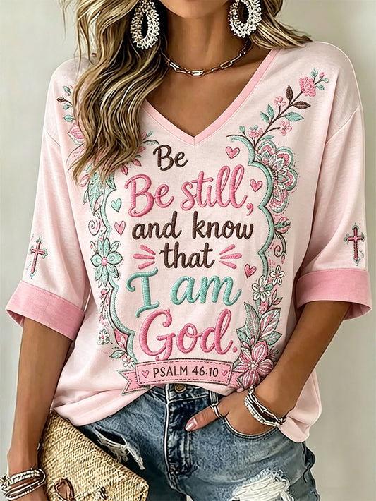 Women's faith-themed fun slogan pattern printed casual mid-length sleeves V-neck T-shirt