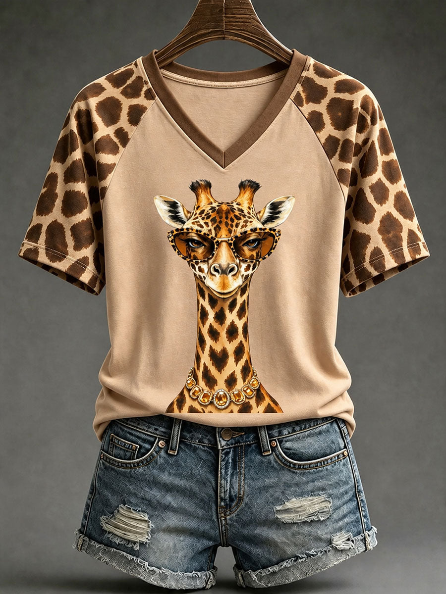 Women's Fun Giraffe V-Neck T-Shirts