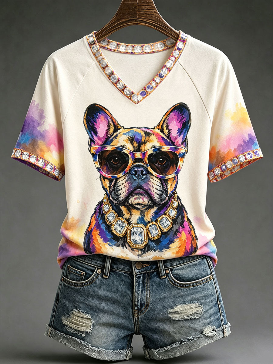 Women's Fun French Bulldog V-Neck T-Shirts