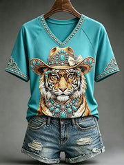 Women's Fun Western Tiger V-Neck T-Shirts