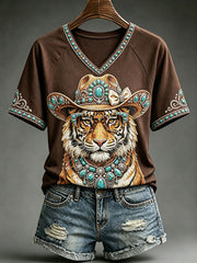 Women's Fun Western Tiger V-Neck T-Shirts