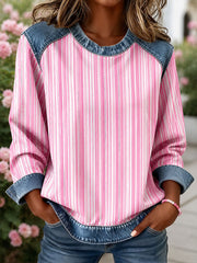 Women's Striped Print Denim Patchwork Top