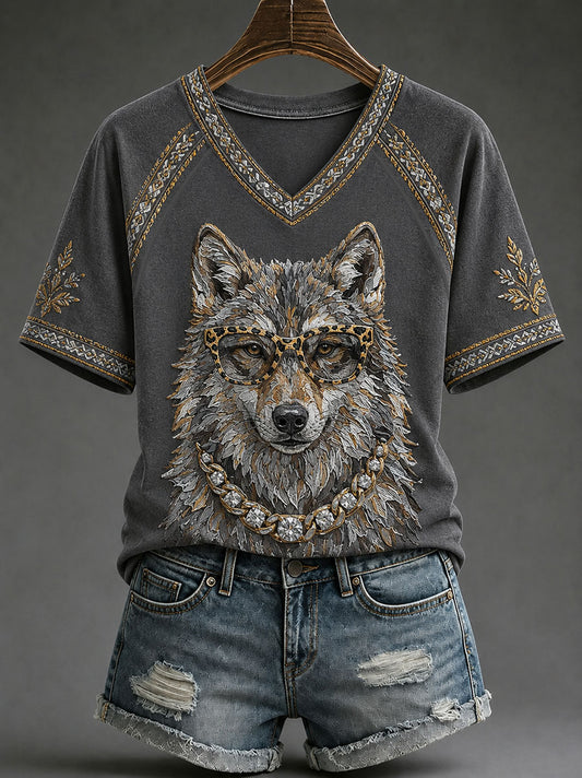 Women's Western Glam Wolf Print Casual T-Shirt