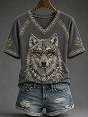 Women's Western Glam Wolf Print Casual T-Shirt