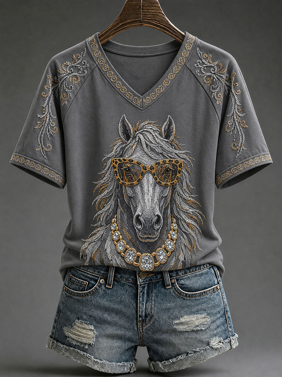 Women's Glam Horse Print Casual T-Shirt