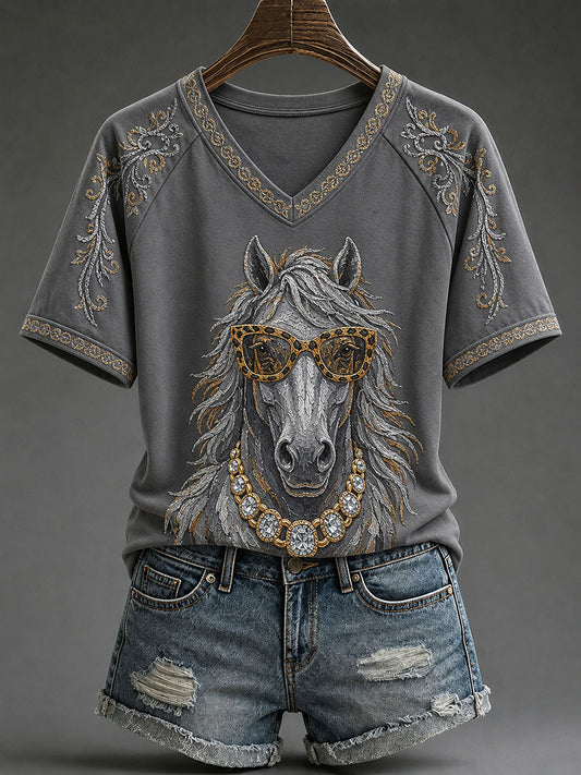 Women's Glam Horse Print Casual T-Shirt