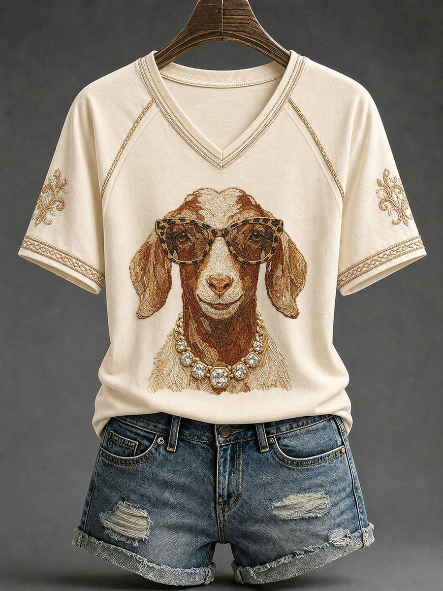 Women's Western Glam Goat Print Casual T-Shirt