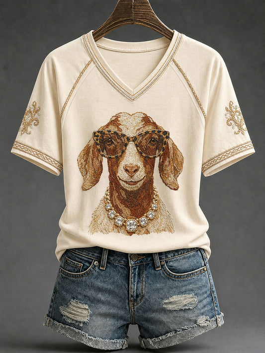 Women's Western Glam Goat Print Casual T-Shirt