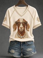 Women's Western Glam Goat Print Casual T-Shirt