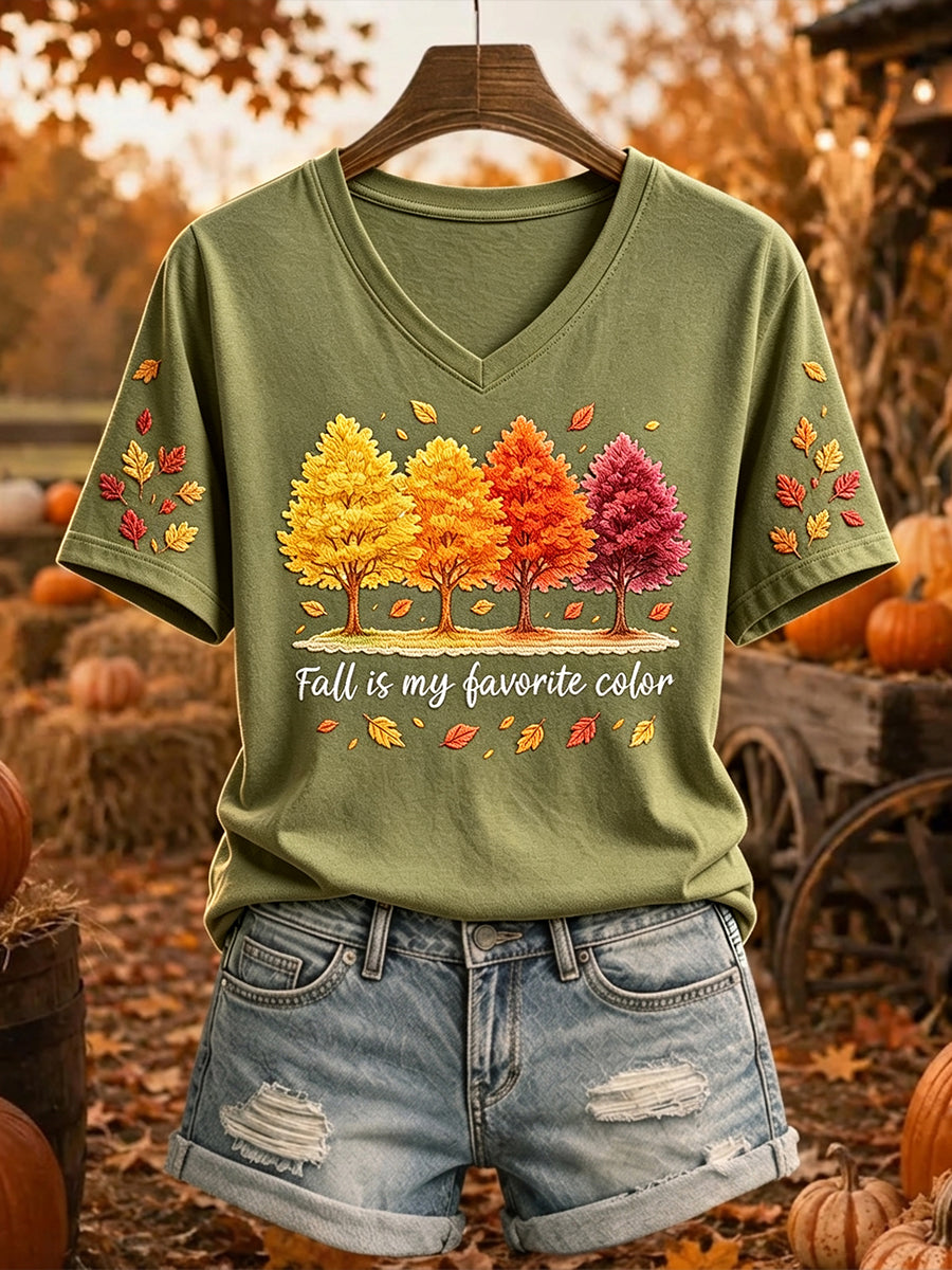 Women's Fall Is My Favorite Color Trees Print Cozy Short Sleeve T-shirt