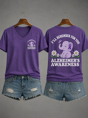 Women's Purple Ribbon Elephant I Will Remember For You Alzheimer's Awareness Support V-Neck Tee