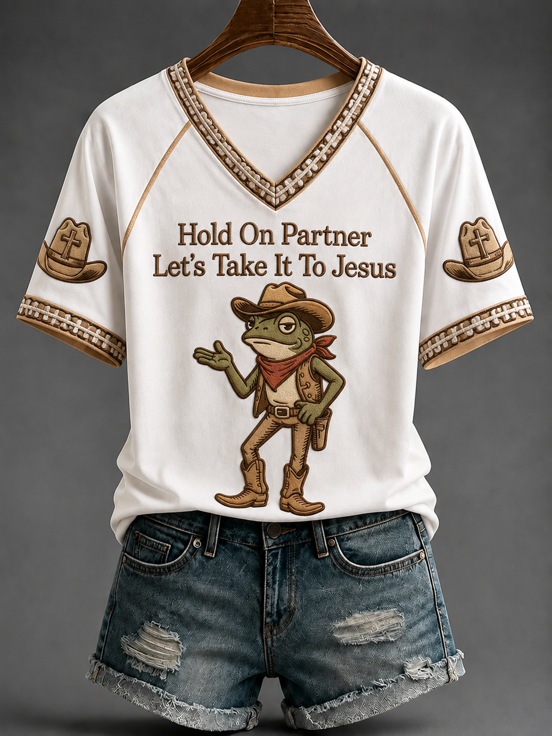 Women's Hold On Partner Let’s Take It To Jesus V-neck Off-shoulder Short-sleeved T-shirt