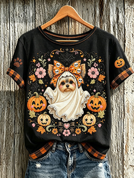 Women's Fall Halloween Cute Animal Pattern Printed Casual Short Sleeve T-Shirt