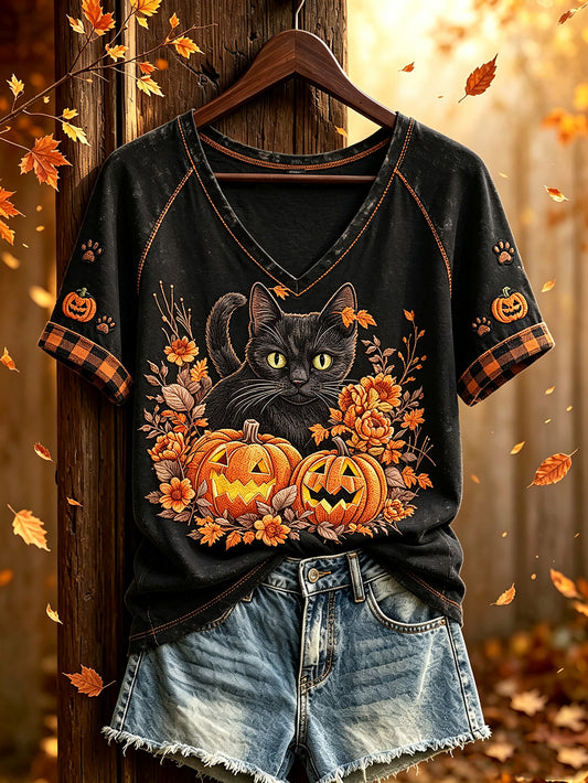 Women's Fall Halloween Cute Animal Pattern Printed Casual Short Sleeve T-Shirt