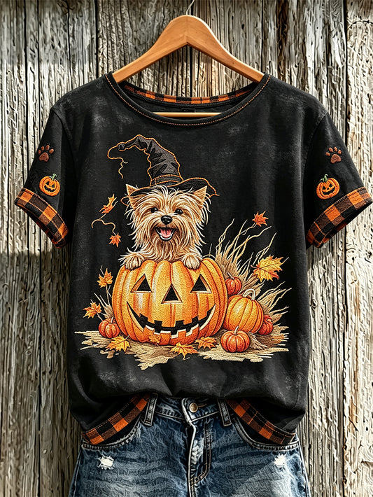 Women's Fall Halloween Cute Animal Pattern Printed Casual Short Sleeve T-Shirt
