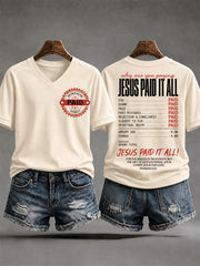 Women's Jesus Paid It All Print Casual V-Neck Tee
