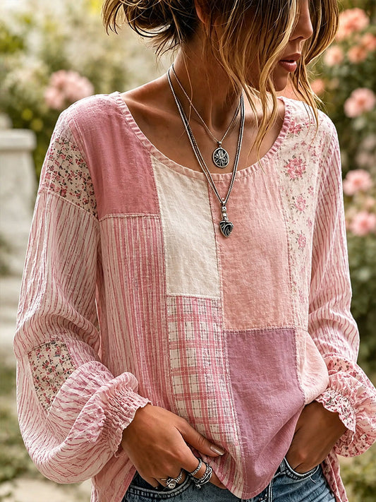 Women's Elegant Patchwork Art Linen Shirt