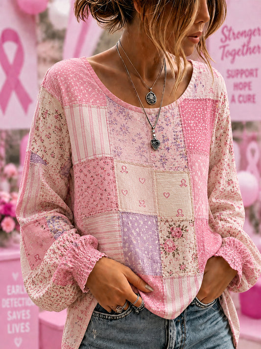 Women's Breast Cancer Awareness Support  Flowers Pink Ribbon Cotton-Linen Shirt