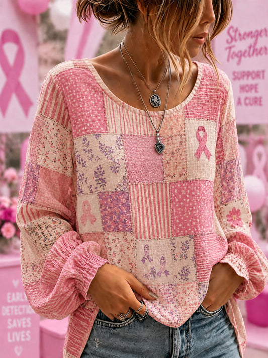Women's Breast Cancer Awareness Support  Flowers Pink Ribbon Cotton-Linen Shirt
