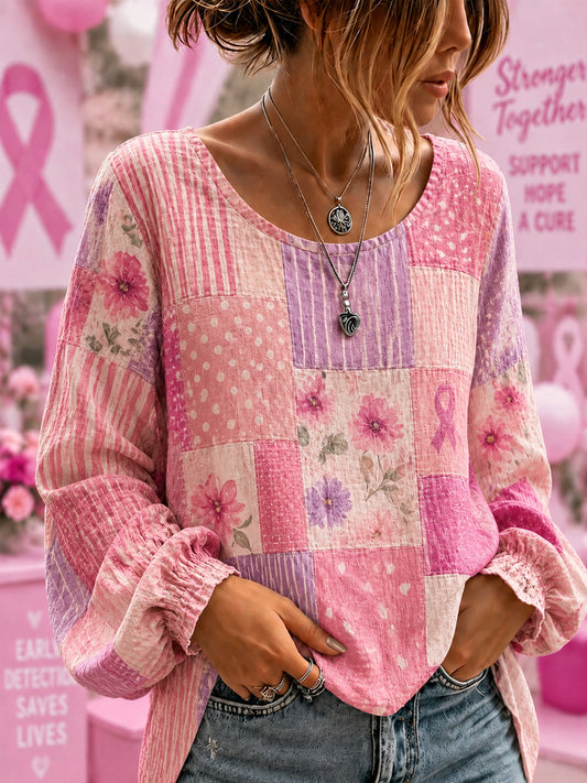 Women's Breast Cancer Awareness Support  Flowers Pink Ribbon Cotton-Linen Shirt